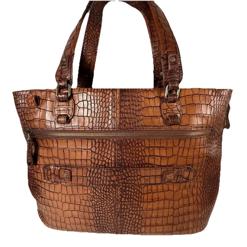 Piquadro Croc-Embossed Italian Leather Laptop Tote Briefcase Expandable Fits 14”